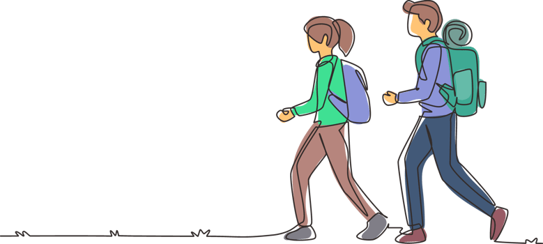 Continuous one line drawing active happy couple traveling together in mountains. Man woman hiking camping with backpack at nature. Trip and holiday concept. Single line draw design illustration png