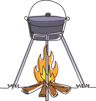 Single one line drawing cooking dinner in camping pot over bonfire. Cauldron and campfire. Outdoor grass, branch, stones. outdoor nature picnic. Continuous line draw design graphic illustration png