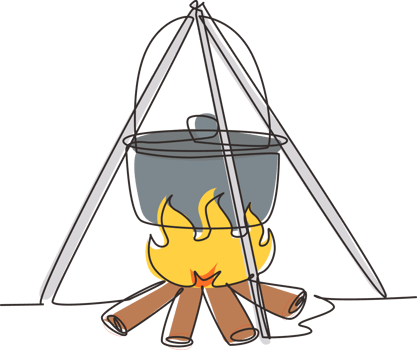 Continuous one line drawing black camping pot over a bonfire. Hot food cooking on campfire, brown cauldron kettle over fire with wood. Delicious fish soup. Single line draw design illustration png