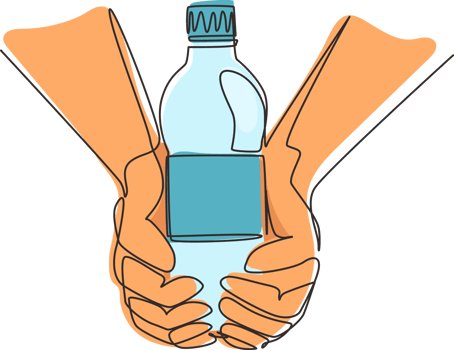 Single continuous line drawing hands holding plastic bottle of pure drinking water refreshing and splash on hot background with hungry and thirsty concept for good health. One line draw design png
