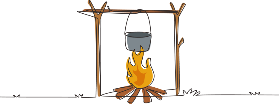 Continuous one line drawing pot on campfire for cooking food, boil water for hot tea, and warm body in cold night. Outdoor recreation, adventures in nature, vacation. Single line draw design png