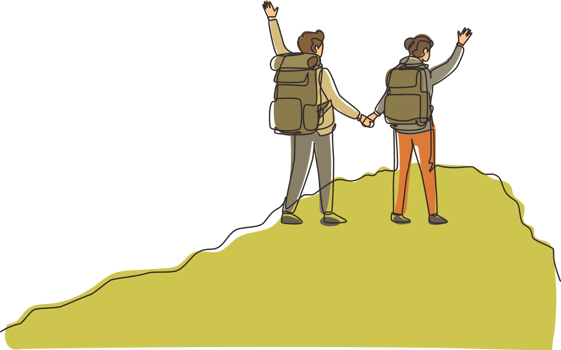 Single continuous line drawing romantic couple climbing up cliff or mountain. Pair of hikers or climbers holding hands. Happy boy and girl hiking or trekking. One line draw design illustration png