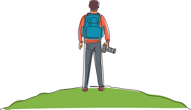 Single continuous line drawing back view man holding camera standing on cliff of mountain in forest landscape view with sunset. Young tourist photographer. One line draw design illustration png