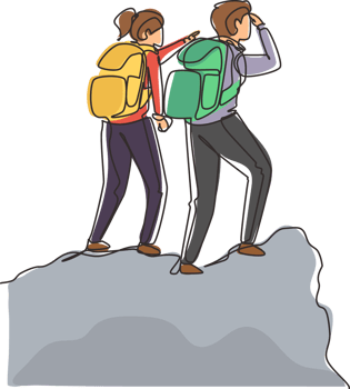 Single continuous line drawing couple on mountain. Happy woman, man climbers. Female hikers standing on rock look mountain landscape. Trekking outdoor. One line draw graphic design illustration png