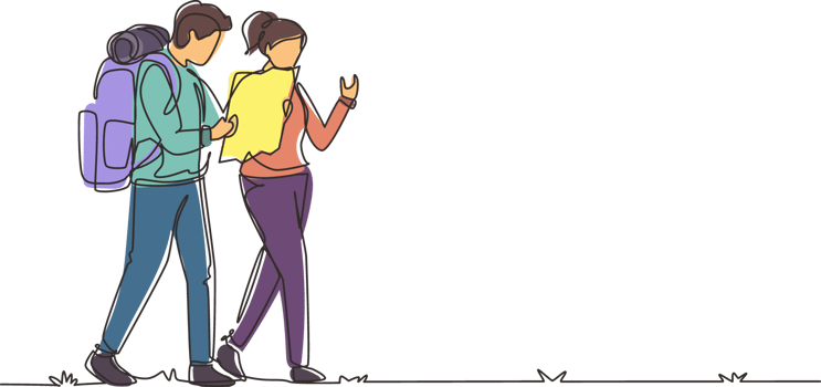 Continuous one line drawing couples hiking man woman with backpack and map is traveling in outdoor. Trekking, exploration, hiking tours. Tourism, adventures in nature. Single line draw design png