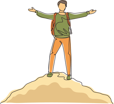 Single one line drawing successful climber man stands with arms outstretched on top of mountains. Male raised his hands up in joy. Achieving success. Guy power. Continuous line draw design png