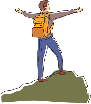 Single continuous line drawing climber man stands with arms outstretched on top of mountain. Winner motivational concept. Tourist with backpack. Traveler in summer rocks. One line draw design png