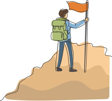 Single continuous line drawing cheerful man climber standing on the top of mountain with flag. Young smiling mountaineer climbing on a rock. Dynamic one line draw graphic design illustration png