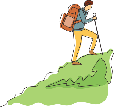 Single continuous line drawing young hiker with backpack on top of mountain. Trekking man simple sketch, Outdoor activity. Happy hikers, tourists or climbers. One line draw design illustration png