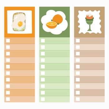 Set of cute scrapbook templates for planner notes, to do, to buy and other with illustrations about healthy breakfast. With printable, editable illustrations. For school and university schedule vector