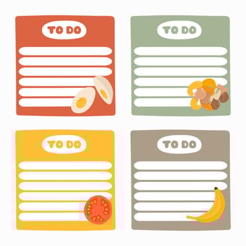 Set of cute scrapbook templates for planner notes, to do, to buy and other with illustrations about healthy breakfast. With printable, editable illustrations. For school and university schedule vector