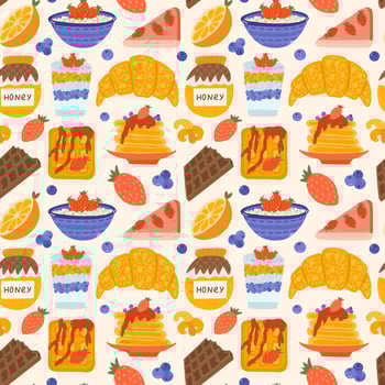 Cute vector seamless hand drawn pattern with croissant, chocolate, chia yogurt, cheesecake, pancakes and other sweet food. Can be used for wrapping paper, bedclothes, notebook, packages, gift paper.