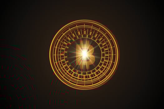 Glowing golden bitcoin currency digital economy and financial bit electronic symbol on dark background vector