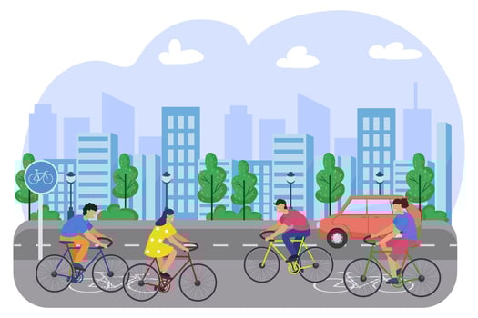 Environmentally friendly city. Bike Lane. People ride bicycles. vector