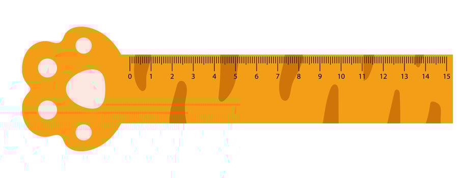 Vector cute measuring ruler. Kawaii school ruler with paw. Measuring tool with cat or dog paw. Animal footprint student ruler. Centimeter scales.