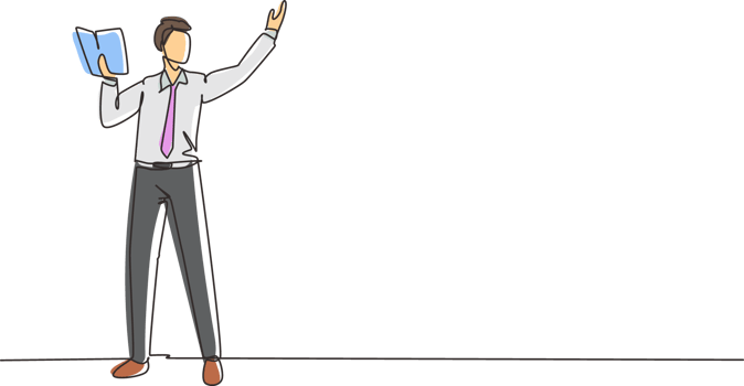 Single continuous line drawing man teacher teaching lesson in front classroom with open book. College class or university teacher teach. Male teaching of sociology. One line draw graphic design png