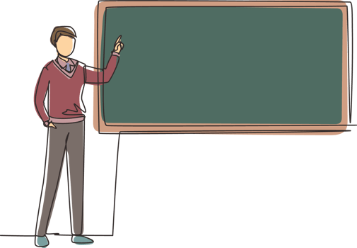 Continuous one line drawing man teacher professor standing in front of blackboard teaching student in classroom. College class or university teacher teach in classroom. Single line draw design png