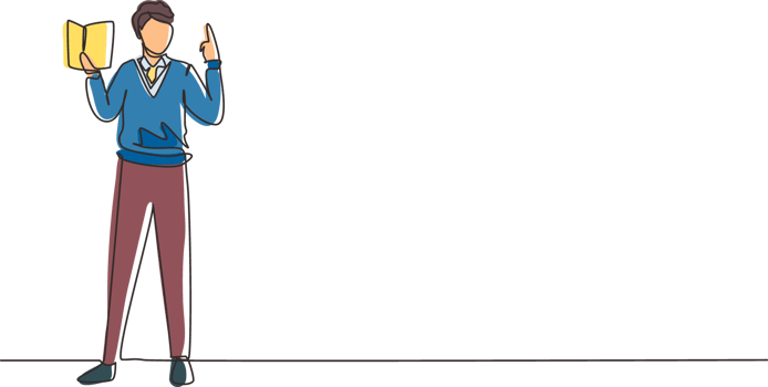 Continuous one line drawing young man professor standing in front of class with book on his hands, male teacher students in classroom at school. Single line draw design graphic illustration png