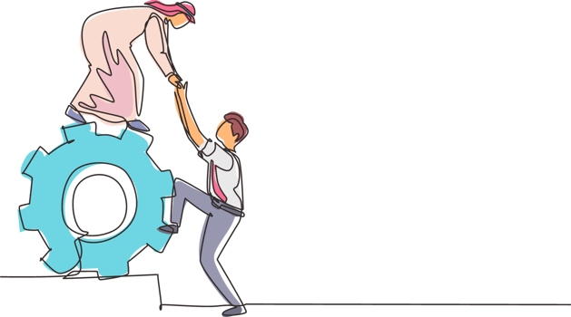Single one line drawing two Arabic businessmen helping each other on top of cog. Teamwork people help each other trust assistance. Goal concept. Continuous line draw design graphic illustration png