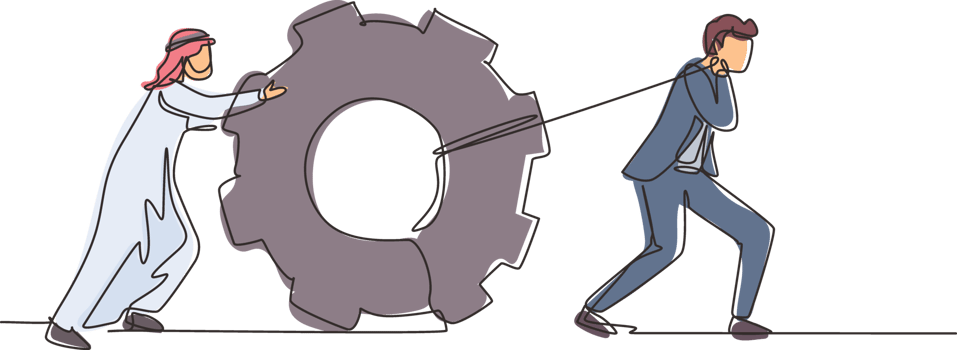Single continuous line drawing Arabian business men pulling large gear on rope. Business leader help team pull cog, businessman push gear, business concept. One line draw design illustration png