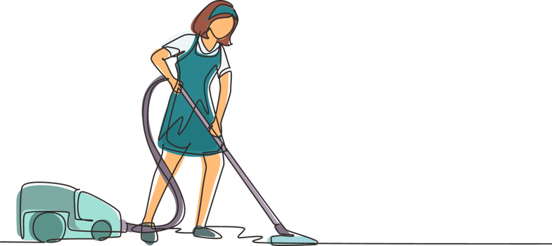 Continuous one line drawing woman with vacuum cleaners of various types isolated. Washing, cleaning service. Disinfection and cleaning. Single line draw design illustration png