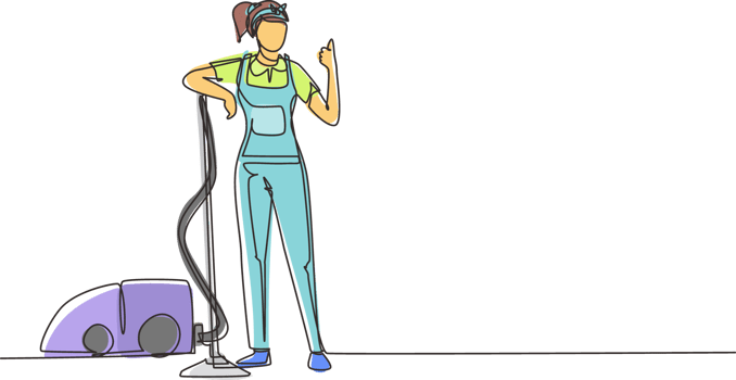 Single continuous line drawing worker of cleaning service. Woman dressed in uniform with vacuum cleaner. Washing, cleaning service. Disinfection and cleaning one line draw design illustration png