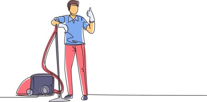 Single continuous line drawing worker of cleaning service. Man dressed in uniform with vacuum cleaner. Washing and cleaning service. Disinfection and cleaning. One line draw design illustration png