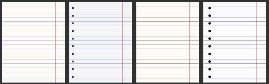 A set of sheets from a school notebook. Lined sheets, line print. Notebook fields. Different colour. Black lines ink, blue lines ink. Stationery, notebook, paper. School, university, office vector