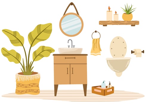 Bathroom interior. Toilet, sink, mirror, houseplant, laundry basket,   shelf with indoor plants and candles. Flat vector illustration isolated on white background