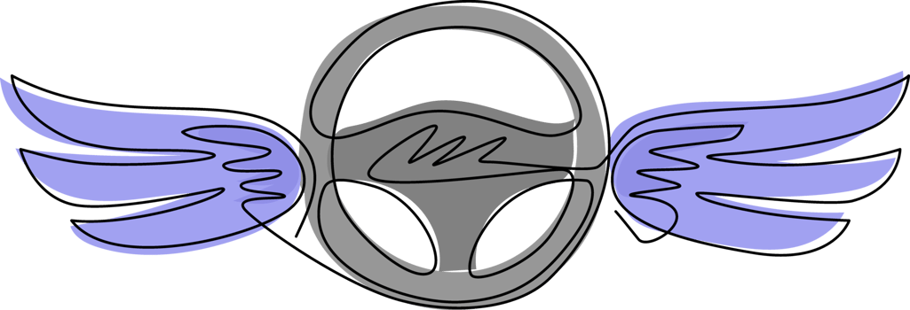 Continuous one line drawing steering wheel with wings. Driving school logo or symbol. Design flat element for emblem, sticker, badge, label, icon. Single line draw design graphic illustration png