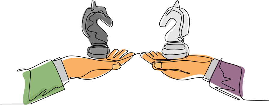 Single one line drawing business concept, of businessman hands, one holding knight chess piece and the other hand too. Strategy and management. Continuous line draw design graphic illustration png