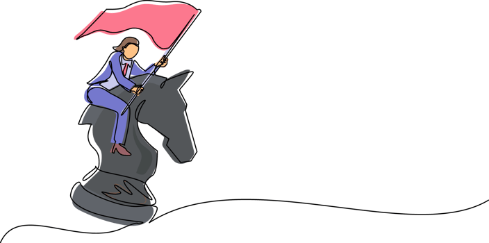 Single one line drawing businesswoman riding big chess horse knight and holding flag, strategy, competitive, strategic move in business concept. Continuous line draw design graphic illustration png