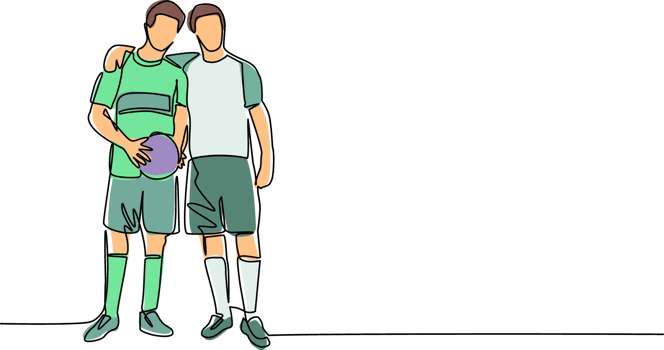 Continuous one line drawing two soccer players embrace each other. Two friendly walking together after match finished. Male soccer players celebrating goal with hug. Single line draw design png