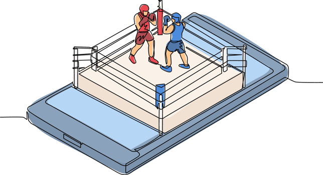 Single continuous line drawing boxing ring with two boxers on smartphone screen. Professional sports competition, boxing fight duel during match, mobile app. One line draw design illustration png