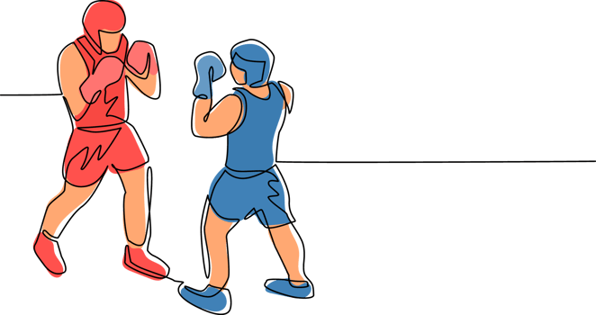 Single continuous line drawing boxers fighting on ring, opponents in shorts and gloves fight on arena with spotlights and ropes. Competition. Dangerous sport. One line draw design illustration png