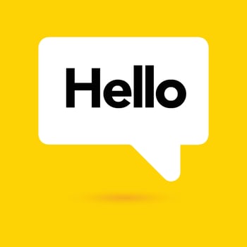 Hi, hello icon. Speech bubble, poster and sticker concept with tex, funny sign. White bubble message on bright yellow background. Vector illustration isolated design. EPS 10.