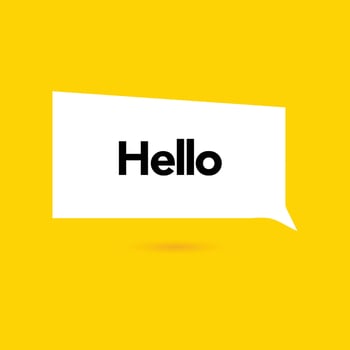 Hi, hello icon. Speech bubble, poster and sticker concept with tex, funny sign. White bubble message on bright yellow background. Vector illustration isolated design. EPS 10.