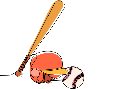 Continuous one line drawing baseball and softball label. Ball and helmet with wooden bat. Sporting symbol and mascot. Variety of baseball equipment, bat, ball, helmet. Single line draw design png