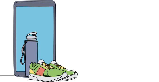 Single continuous line drawing running sneaker and mineral bottled water with smartphone. Idea of healthy and active lifestyle. Healthy lifestyle concept. Dynamic one line draw graphic design png