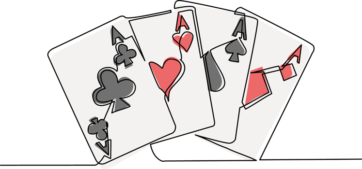 Single one line drawing set of four aces playing cards suits. Winning poker hand. Set of hearts, spades, clubs, diamonds ace. Card games. Modern continuous line draw design graphic illustration png