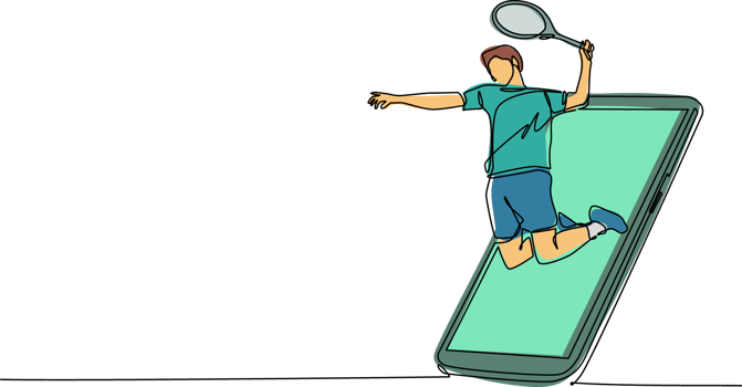 Single continuous line drawing man tennis player jump hit the ball getting out of smartphone screen. Mobile sports play matches. Online tennis game with live mobile app. One line draw design png