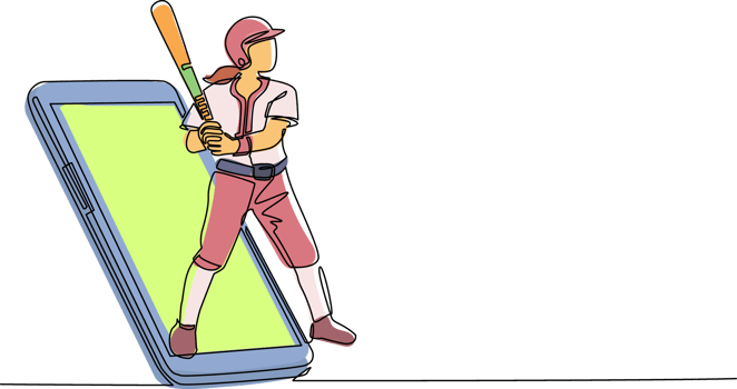 Continuous one line drawing woman baseball player ready to hit the ball getting out of smartphone screen. Mobile sports play matches. Online baseball game mobile app. Single line draw design png