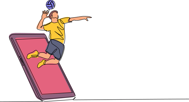 Continuous one line drawing man volleyball athlete player in action jumping spike getting out of smartphone screen. Mobile sports play matches. Online volleyball game. Single line draw design png