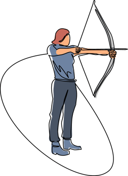 Single continuous line drawing young girl with bow and arrow. Female holding bow and arrow aiming to shoot. Archer with bow and arrow. Part of set. One line draw graphic design illustration png