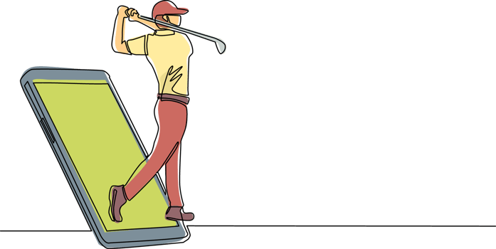 Single one line drawing man golf player swing golf club getting out of smartphone screen. Mobile sports play matches. Online golf game with live mobile app. continuous line draw design graphic png