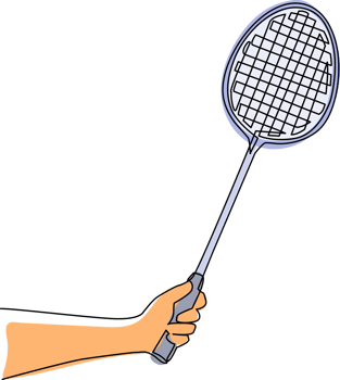 Single continuous line drawing player hand holding badminton racket. Sport equipment. Vintage badminton racquets. Sporting goods for championship. One line draw graphic design illustration png