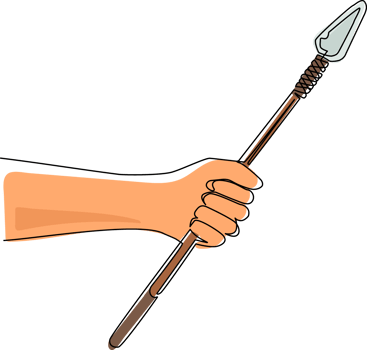 Continuous one line drawing man hand holding ancient stone age spear hunting and military weapon of prehistoric man. Primitive culture stone tool. Single line draw design graphic illustration png