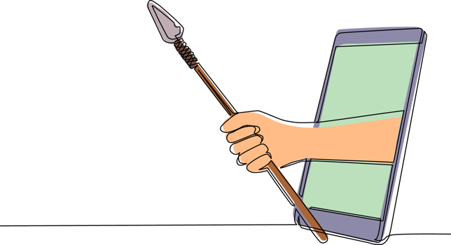 Single one line drawing hand holding ancient stone age spear through mobile phone. Concept of video games, e-sport, entertainment application for smartphone. Continuous line draw design graphic png