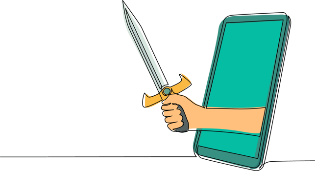 Single continuous line drawing hand hold sword warrior through mobile phone. Concept of mobile games, e-sport, entertainment application for smartphones. One line graphic design illustration png