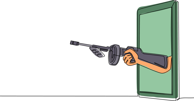 Single continuous line drawing hand holding Thompson submachine gun through mobile phone. Concept of mafia video games, e-sport, entertainment application for smartphones. One line draw design png